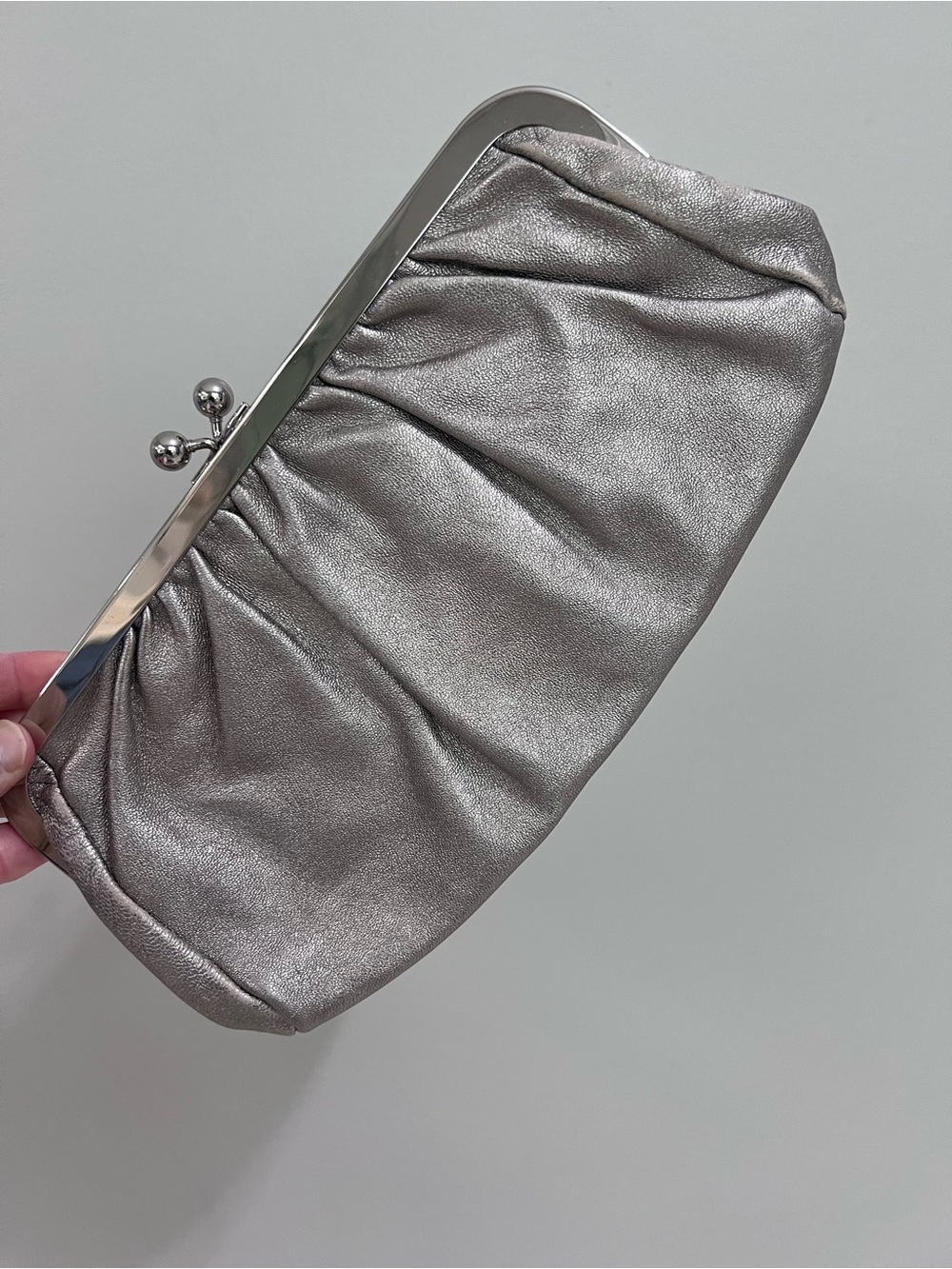 Express Silver Metallic Satin Kiss-Lock Clutch